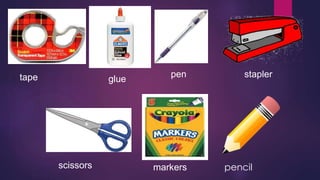 tape glue 
pen 
stapler 
scissors markers pencil 
 