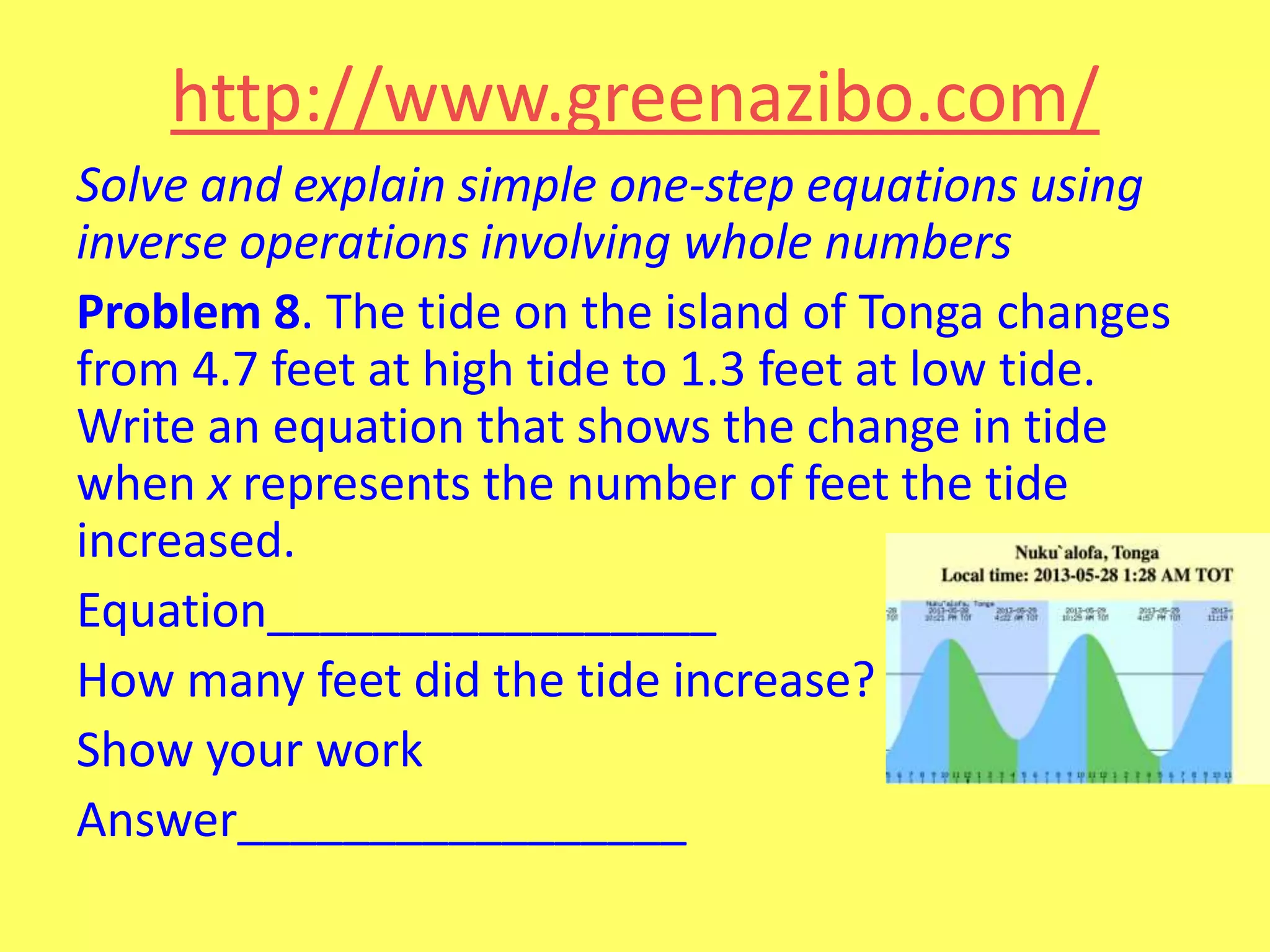 http://www.greenazibo.com/
Solve and explain simple one-step equations using
inverse operations involving whole numbers
Problem 8. The tide on the island of Tonga changes
from 4.7 feet at high tide to 1.3 feet at low tide.
Write an equation that shows the change in tide
when x represents the number of feet the tide
increased.
Equation_________________
How many feet did the tide increase?
Show your work
Answer_________________

 