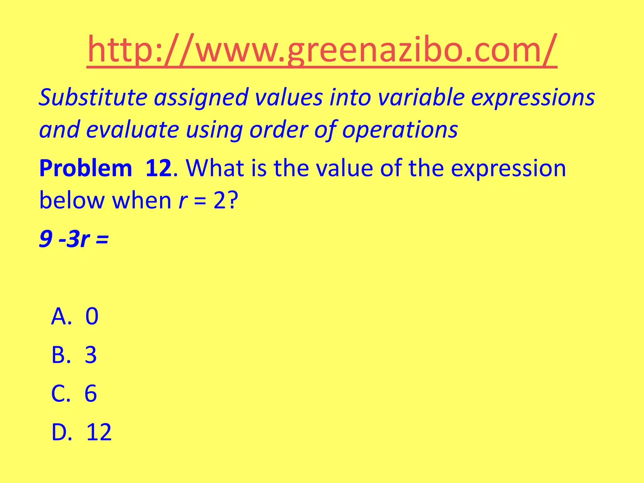 http://www.greenazibo.com/
Substitute assigned values into variable expressions
and evaluate using order of operations
Problem 12. What is the value of the expression
below when r = 2?
9 -3r =
A.
B.
C.
D.

0
3
6
12

 
