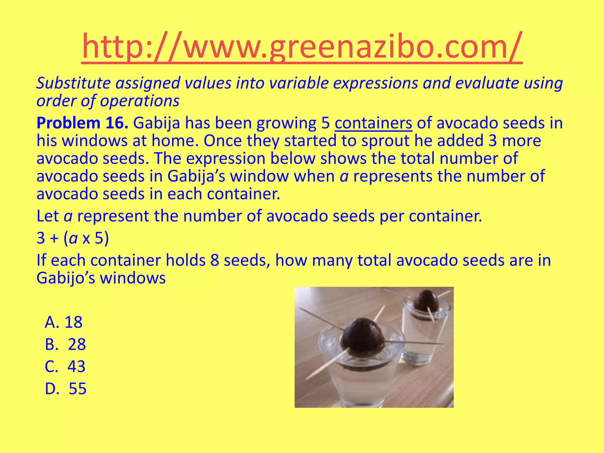 http://www.greenazibo.com/
Substitute assigned values into variable expressions and evaluate using
order of operations
Problem 16. Gabija has been growing 5 containers of avocado seeds in
his windows at home. Once they started to sprout he added 3 more
avocado seeds. The expression below shows the total number of
avocado seeds in Gabija’s window when a represents the number of
avocado seeds in each container.
Let a represent the number of avocado seeds per container.
3 + (a x 5)
If each container holds 8 seeds, how many total avocado seeds are in
Gabijo’s windows
A. 18
B. 28
C. 43
D. 55

 