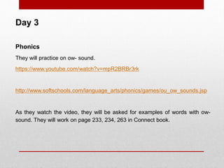 Day 3
Phonics
They will practice on ow- sound.
https://www.youtube.com/watch?v=mpR2BRBr3rk
http://www.softschools.com/language_arts/phonics/games/ou_ow_sounds.jsp
As they watch the video, they will be asked for examples of words with ow-
sound. They will work on page 233, 234, 263 in Connect book.
 