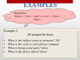 Remember
Subject + Verb + what? or who? = Direct
Object
Example 1:
Jill jumped the fence
• What is the subject noun or pronoun? Jill
• What is the verb or verb phrase? jumped
• What is being acted upon? fence
• What is the direct object? fence
 