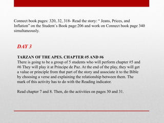 Connect book pages: 320, 32, 318- Read the story: “ Jeans, Prices, and
Inflation” on the Student´s Book page:206 and work on Connect book page 340
simultaneously.
DAY 3
TARZAN OF THE APES. CHAPTER #5 AND #6
There is going to be a group of 5 students who will perform chapter #5 and
#6 They will play it at Principe de Paz. At the end of the play, they will get
a value or principle from that part of the story and associate it to the Bible
by choosing a verse and explaining the relationship between them. The
mark of this activity has to do with the Reading indicator.
Read chapter 7 and 8. Then, do the activities on pages 30 and 31.
 