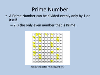 Prime Number
• A Prime Number can be divided evenly only by 1 or
  itself.
   – 2 is the only even number that is Prime.




               Yellow indicates Prime Numbers
 