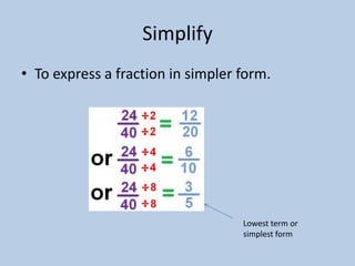 Simplify
• To express a fraction in simpler form.




                                   Lowest term or
                                   simplest form
 