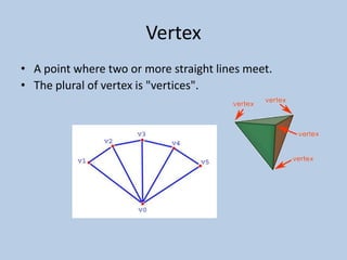 Vertex
• A point where two or more straight lines meet.
• The plural of vertex is "vertices".
 