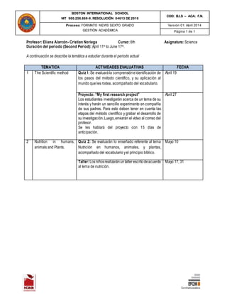 BOSTON INTERNATIONAL SCHOOL
NIT 900.258.868-9. RESOLUCIÓN 04613 DE 2010
COD: B.I.S – ACA: F.N.
Proceso: FORMATO NEWS SEXTO GRADO
GESTIÓN ACADÉMICA
Versión 01: Abril 2014
Página 1 de 1
Profesor: Eliana Alarcón- Cristian Noriega Curso: 6th Asignatura: Science
Duración del periodo (Second Period): April 11th to June 17th.
A continuación se describe la temática a estudiar durante el periodo actual
TEMATICA ACTIVIDADES EVALUATIVAS FECHA
1 The Scientific method Quiz1:Se evaluarála comprensióneidentificación de
los pasos del método científico, y su aplicación al
mundo que les rodea, acompañado del vocabulario.
Abril 19
Proyecto: “My first research project”
Los estudiantes investigarán acerca de un tema de su
interés y harán un sencillo experimento en compañía
de sus padres. Para esto deben tener en cuenta las
etapas del método científico y grabar el desarrollo de
su investigación.Luego,enviarán el video al correo del
profesor.
Se les hablará del proyecto con 15 días de
anticipación.
Abril 27
2 Nutrition in humans,
animals and Plants.
Quiz 2: Se evaluarán lo enseñado referente al tema
Nutrición en humanos, animales, y plantas,
acompañado del vocabulario yel principio bíblico.
Mayo 10
Taller:Losniñosrealizaránuntaller escritodeacuerdo
al tema de nutrición.
Mayo 17, 31
 