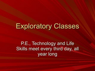 Exploratory Classes P.E., Technology and Life Skills meet every third day, all year long 