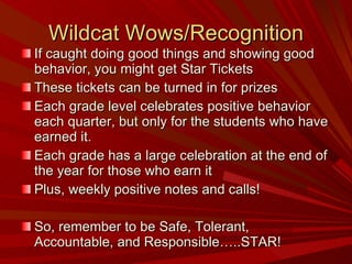 Wildcat Wows/Recognition If caught doing good things and showing good behavior, you might get Star Tickets These tickets can be turned in for prizes Each grade level celebrates positive behavior each quarter, but only for the students who have earned it. Each grade has a large celebration at the end of the year for those who earn it Plus, weekly positive notes and calls! So, remember to be Safe, Tolerant, Accountable, and Responsible…..STAR! 