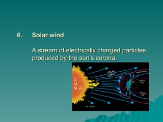 6.
6. Solar wind
Solar wind
A stream of electrically charged particles
A stream of electrically charged particles
produced by the sun’s corona.
produced by the sun’s corona.
 
