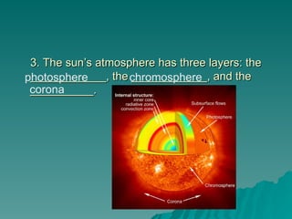 3. The sun’s atmosphere has three layers: the
3. The sun’s atmosphere has three layers: the
____________, the ____________, and the
____________, the ____________, and the
__________.
__________.
photosphere chromosphere
corona
 