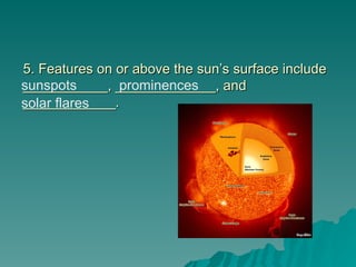 5. Features on or above the sun’s surface include
5. Features on or above the sun’s surface include
___________, _____________, and
___________, _____________, and
____________.
____________.
sunspots prominences
solar flares
 