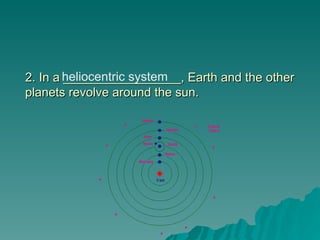 2. In a _________________, Earth and the other
2. In a _________________, Earth and the other
planets revolve around the sun.
planets revolve around the sun.
heliocentric system
 
