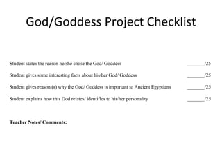God/Goddess Project Checklist Student states the reason he/she chose the God/ Goddess _______/25 Student gives some interesting facts about his/her God/ Goddess _______/25 Student gives reason (s) why the God/ Goddess is important to Ancient Egyptians  _______/25 Student explains how this God relates/ identifies to his/her personality _______/25 Teacher Notes/ Comments: 