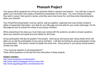 Pharaoh Project Your group will be assigned one of the six pharaohs listed to research and present.  You will have 3 days to gather your information and create a PowerPoint presentation for the class.  You must include the dates they were in power, their parent’s names, what they were most known for, and three extra interesting facts about your pharaoh.  Your PowerPoint presentation must be colorful, well put together, organized and must contain at least 6 slides of researched information, one slide for your title page and one slide for your works cited page. On the title page be sure to include the names of your group members.  When presenting to the class you must make eye contact with the audience, be able to answer questions about your pharaoh and speak loud and clearly for all to hear.  Group participation will also be graded in this project.  Each group will receive peer rating sheets which will allow you to rate the participation of your group members.  I will also be looking for group participation during the presentation.  One person should not speak the entire time.  Every person in your group should present at least one slide.  **You must pay attention to all presentations!** There will be questions on the test from the information in these projects. Helpful websites: http://www.kingtutone.com/pharaohs/ http://www.discoveringegypt.com/k-q-menu.htm http://www.egyptologyonline.com/pharaohs.htm 
