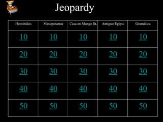 Jeopardy Homínidos Mesopotamia Casa en Mango St. Antiguo Egipto Gramática 10 10 10 10 10 20 20 20 20 20 30 30 30 30 30 40 40 40 40 40 50 50 50 50 50 