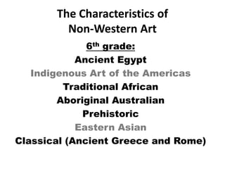 The Characteristics of
Non-Western Art
6th grade:
Ancient Egypt
Indigenous Art of the Americas
Traditional African
Aboriginal Australian
Prehistoric
Eastern Asian
Classical (Ancient Greece and Rome)
 