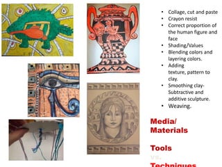 • Collage, cut and paste
• Crayon resist
• Correct proportion of
the human figure and
face
• Shading/Values
• Blending colors and
layering colors.
• Adding
texture, pattern to
clay.
• Smoothing clay-
Subtractive and
additive sculpture.
• Weaving.
Media/
Materials
Tools
vs.
(above)
 