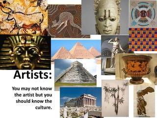 Artists:
You may not know
the artist but you
should know the
culture.
Frida Kahlo
Self-Portrait
Rembrandt
Lucretia
Franz Marc
Large Blue Horses
Edvard Munch
The Scream
Frank Lloyd Wright
Fallingwater
Michelangelo
Sistine Chapel
 