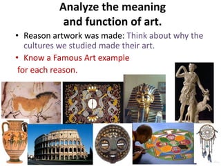 Analyze the meaning
and function of art.
• Reason artwork was made: Think about why the
cultures we studied made their art.
• Know a Famous Art example
for each reason.
 