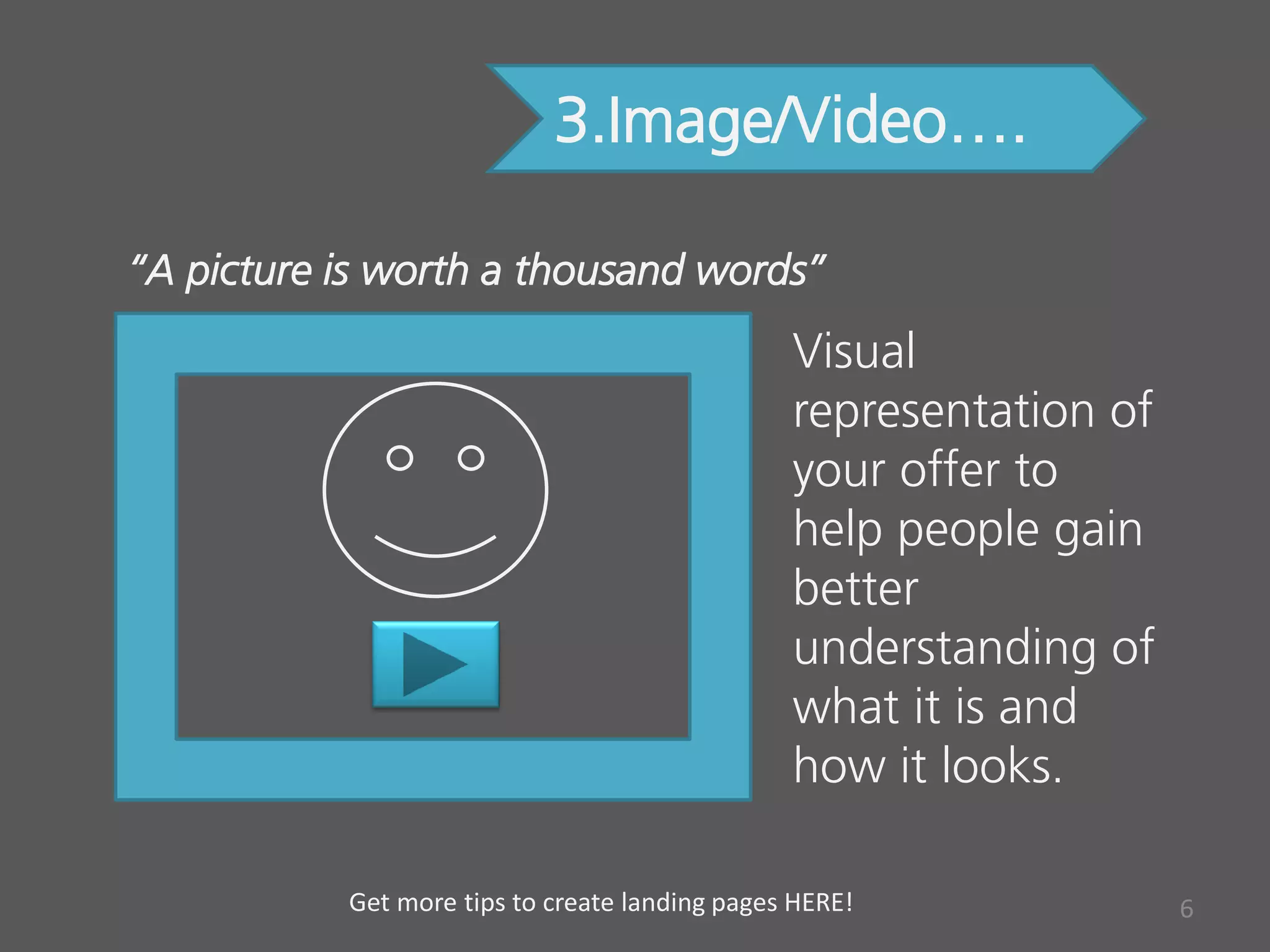 3.Image/Video….
“A picture is worth a thousand words”
Visual
representation of
your offer to
help people gain
better
understanding of
what it is and
how it looks.
6Get more tips to create landing pages HERE!