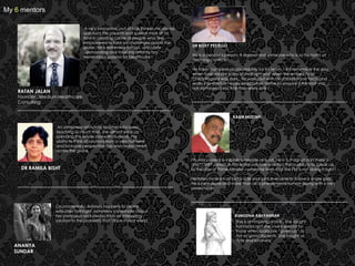 My 6 mentors
A very innovative, out of box thinker. He always
questions the present and spends most of his
time in creating cadre of people who feel
empowered to take on challenges across the
globe. He is extremely critical , articulate
, demanding and most importantly has
tremendous passion for healthcare !

DR ROXY PESTELLO
He is a people’s person. A legend and someone who is so fantastic at
resolving conflicts.
He takes complete accountability for his team. I still remember the day
when it rained like crazy at midnight and when the entire city of
Chikamagalur was dark , he walks out with his umbrella and torch and
walks into each an every employees’ home to enquire if the roof was
not damaged and that they were safe !

RATAN JALAN

Founder , Medium Healthcare
Consulting
KABIR MUSTAFI
An extremely articulate teacher who loves
teaching so much that, she almost ends up
spending the whole day with students. Her
ability to think of solutions from a very humane
and inclusive perspective has won many hearts
across the globe.

DR RAMILA BISHT

His very presence inspires everyone around. He is a magnet and there’s
only “ONE” person in this entire universe who has the audacity to speak up
to the likes of Prime Minister – when he feels that the PM is not doing it right !

He takes his team all by his side and gets everyone to follow a single goal.
He is persuasive and more than all a phenomenal human being with a very
sweet heart.

Co-incidentally, Ananya happens to be my
wife.Shes forthright, extremely passionate about
her profession and always finds an interesting
solution to the problems that I face in real world.

ANANYA
SUNDAR

KUMUDHA ABHYANKAR
She is an inspiring orator . She taught
Kannada and she’s very special to
those who usually are “given up” as
not so good students. She taught us
“Life and Kindness”.

 