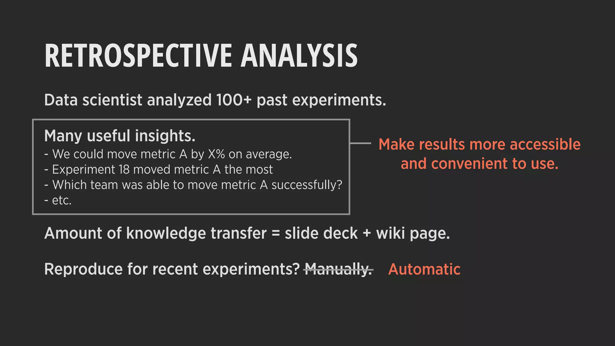 RETROSPECTIVE ANALYSIS
Data scientist analyzed 100+ past experiments.
Many useful insights.
- We could move metric A by X% on average.
- Experiment 18 moved metric A the most
- Which team was able to move metric A successfully?
- etc.
Amount of knowledge transfer = slide deck + wiki page.
Reproduce for recent experiments? Manually.
Make results more accessible
and convenient to use.
Automatic
 