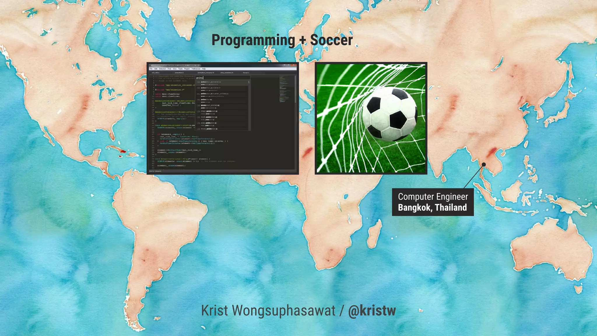 Programming + Soccer
Computer Engineer
Bangkok, Thailand
Krist Wongsuphasawat / @kristw
 