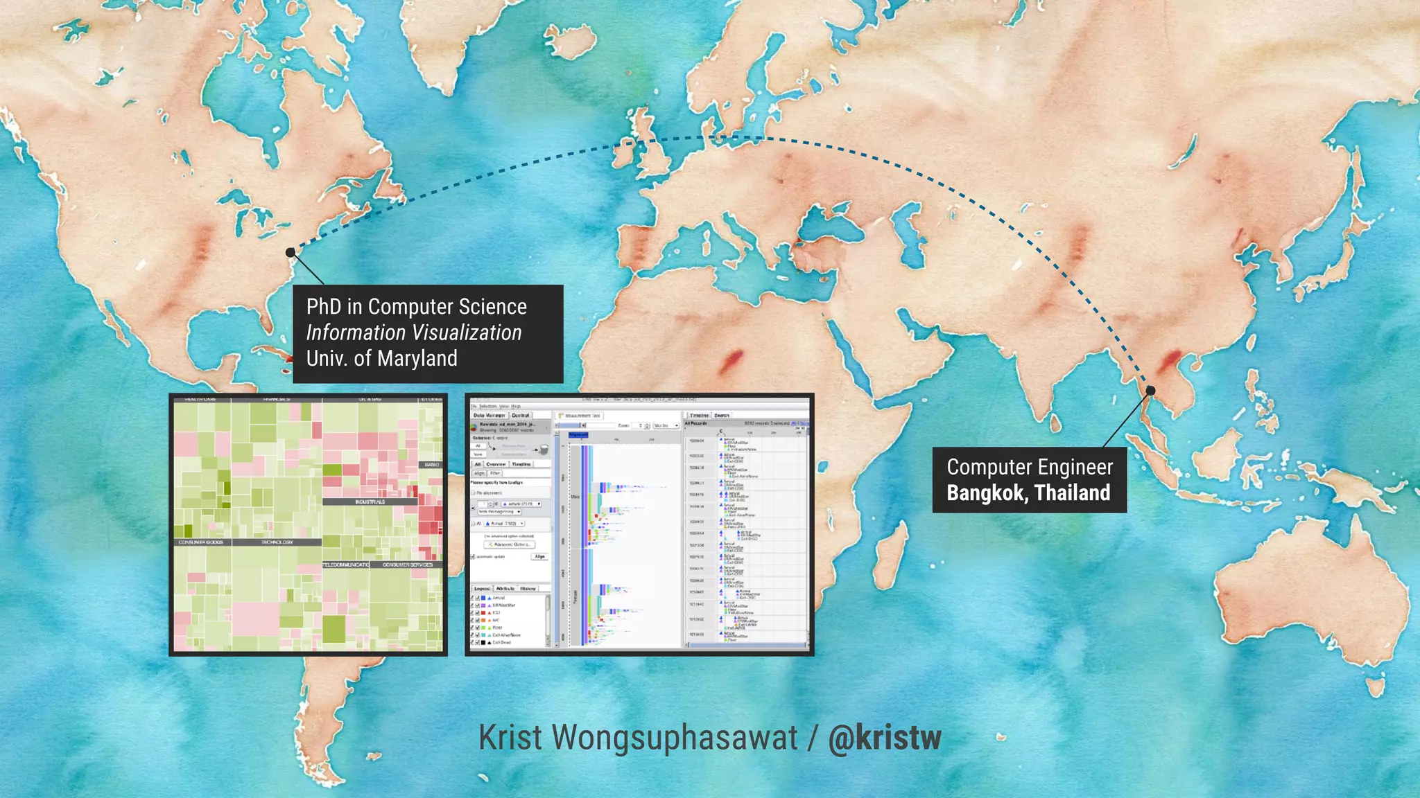 Krist Wongsuphasawat / @kristw
Computer Engineer
Bangkok, Thailand
PhD in Computer Science
Information Visualization
Univ. of Maryland
 