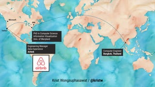 PhD in Computer Science
Information Visualization
Univ. of Maryland
IBM
Krist Wongsuphasawat / @kristw
Computer Engineer
Bangkok, Thailand
Engineering Manager
Data Experience
Airbnb
Microsoft
Twitter
 
