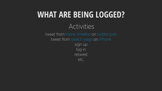 WHAT ARE BEING LOGGED?
tweet from home timeline on twitter.com
tweet from search page on iPhone
sign up
log in
retweet
etc.
Activities
 