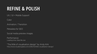 REFINE & POLISH
UX / UI + Mobile Support
Color
Animation / Transition
Metadata for SEO
Social media preview images
Performance
Loading time, Data ﬁle size
“The little of visualisation design” by Andy Kirk
http://www.visualisingdata.com/2016/03/little-visualisation-design/
 