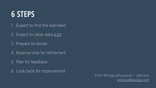 6 STEPS
1.
2.
3.
4.
5.
6.
Krist Wongsuphasawat / @kristw
kristw.yellowpigz.com
Expect to ﬁnd the real need
Expect to clean data a lot
Prepare to iterate
Reserve time for reﬁnement
Plan for feedback
Look back for improvement
 
