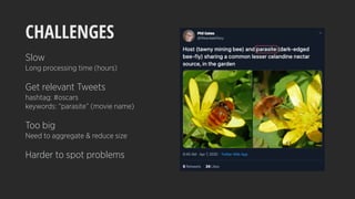 CHALLENGES
Slow
Long processing time (hours)
Get relevant Tweets
hashtag: #oscars
keywords: “parasite” (movie name)
Too big
Need to aggregate & reduce size
Harder to spot problems
 