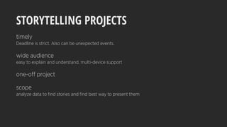 STORYTELLING PROJECTS
timely
Deadline is strict. Also can be unexpected events.
wide audience
easy to explain and understand, multi-device support
one-off project
scope
analyze data to ﬁnd stories and ﬁnd best way to present them
 