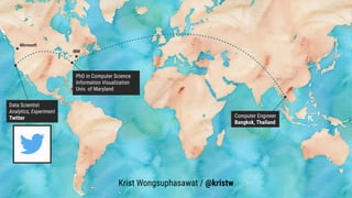 PhD in Computer Science
Information Visualization
Univ. of Maryland
IBM
Krist Wongsuphasawat / @kristw
Computer Engineer
Bangkok, Thailand
Data Scientist
Analytics, Experiment
Twitter
Microsoft
 