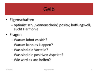 GelbEigenschaftenoptimistisch, ‚Sonnenschein‘, positiv, hoffungsvoll, sucht HarmonieFragenWarum lohnt es sich?Warum kann es klappen?Was sind die Vorteile?Was sind die positiven Aspekte?Wie wird es uns helfen?03.03.20113katja-keller.de
