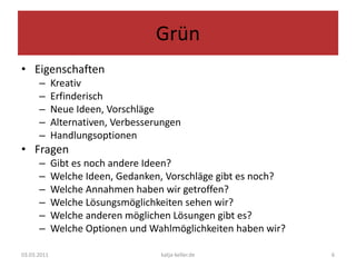 GrünEigenschaftenKreativErfinderischNeue Ideen, VorschlägeAlternativen, VerbesserungenHandlungsoptionenFragenGibt es noch andere Ideen?Welche Ideen, Gedanken, Vorschläge gibt es noch?Welche Annahmen haben wir getroffen?Welche Lösungsmöglichkeiten sehen wir?Welche anderen möglichen Lösungen gibt es?Welche Optionen und Wahlmöglichkeiten haben wir?03.03.20116katja-keller.de
