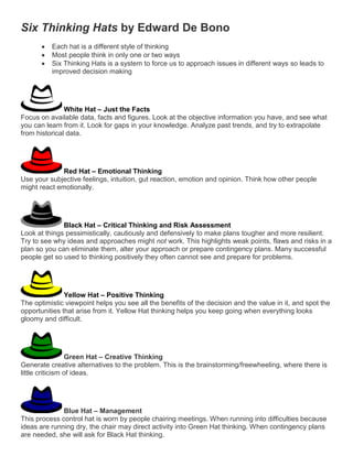 Six Thinking Hats by Edward De Bono
          Each hat is a different style of thinking
          Most people think in only one or two ways
          Six Thinking Hats is a system to force us to approach issues in different ways so leads to
          improved decision making




               White Hat – Just the Facts
Focus on available data, facts and figures. Look at the objective information you have, and see what
you can learn from it. Look for gaps in your knowledge. Analyze past trends, and try to extrapolate
from historical data.




              Red Hat – Emotional Thinking
Use your subjective feelings, intuition, gut reaction, emotion and opinion. Think how other people
might react emotionally.




              Black Hat – Critical Thinking and Risk Assessment
Look at things pessimistically, cautiously and defensively to make plans tougher and more resilient.
Try to see why ideas and approaches might not work. This highlights weak points, flaws and risks in a
plan so you can eliminate them, alter your approach or prepare contingency plans. Many successful
people get so used to thinking positively they often cannot see and prepare for problems.




               Yellow Hat – Positive Thinking
The optimistic viewpoint helps you see all the benefits of the decision and the value in it, and spot the
opportunities that arise from it. Yellow Hat thinking helps you keep going when everything looks
gloomy and difficult.




                  Green Hat – Creative Thinking
Generate creative alternatives to the problem. This is the brainstorming/freewheeling, where there is
little criticism of ideas.




              Blue Hat – Management
This process control hat is worn by people chairing meetings. When running into difficulties because
ideas are running dry, the chair may direct activity into Green Hat thinking. When contingency plans
are needed, she will ask for Black Hat thinking.
 