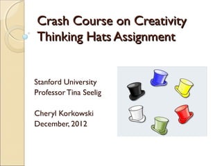 Crash Course on Creativity
Thinking Hats Assignment


Stanford University
Professor Tina Seelig

Cheryl Korkowski
December, 2012
 
