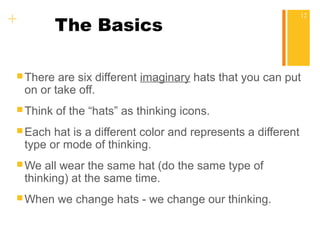 + The Basics 
12 
There are six different imaginary hats that you can put 
on or take off. 
Think of the “hats” as thinking icons. 
Each hat is a different color and represents a different 
type or mode of thinking. 
We all wear the same hat (do the same type of 
thinking) at the same time. 
When we change hats - we change our thinking. 
 