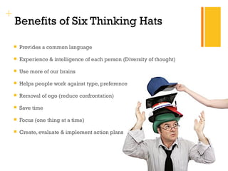 + 
Benefits of Six Thinking Hats 
 Provides a common language 
 Experience & intelligence of each person (Diversity of thought) 
 Use more of our brains 
 Helps people work against type, preference 
 Removal of ego (reduce confrontation) 
 Save time 
 Focus (one thing at a time) 
 Create, evaluate & implement action plans 
 