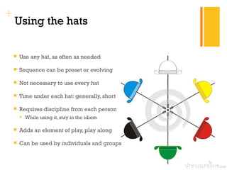 + 
Using the hats 
 Use any hat, as often as needed 
 Sequence can be preset or evolving 
 Not necessary to use every hat 
 Time under each hat: generally, short 
 Requires discipline from each person 
 While using it, stay in the idiom 
 Adds an element of play, play along 
 Can be used by individuals and groups 
 