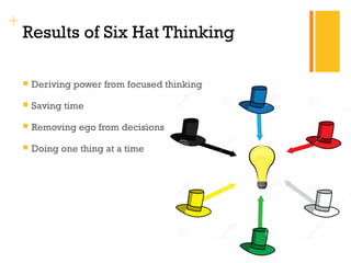 + 
Results of Six Hat Thinking 
 Deriving power from focused thinking 
 Saving time 
 Removing ego from decisions 
 Doing one thing at a time 
 