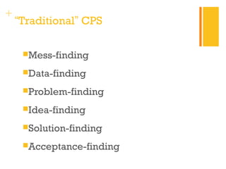 + “Traditional” CPS 
Mess-finding 
Data-finding 
Problem-finding 
Idea-finding 
Solution-finding 
Acceptance-finding 
 