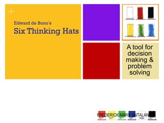 + 
Edward de Bono’s 
Six Thinking Hats 
A tool for 
decision 
making & 
problem 
solving 
FREDERICK MARS UNTALAN MD 
