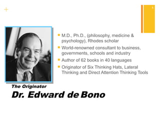 + 
 M.D., Ph.D., (philosophy, medicine & 
psychology), Rhodes scholar 
 World-renowned consultant to business, 
governments, schools and industry 
 Author of 62 books in 40 languages 
 Originator of Six Thinking Hats, Lateral 
Thinking and Direct Attention Thinking Tools 
The Originator 
Dr. Edward de Bono 
8 
 
