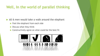 Well, In the world of parallel thinking
 All 6 men would take a walk around the elephant
 Feel the elephant from each side
 Discuss what they think
 Constructively agree on what could be the best fit
 