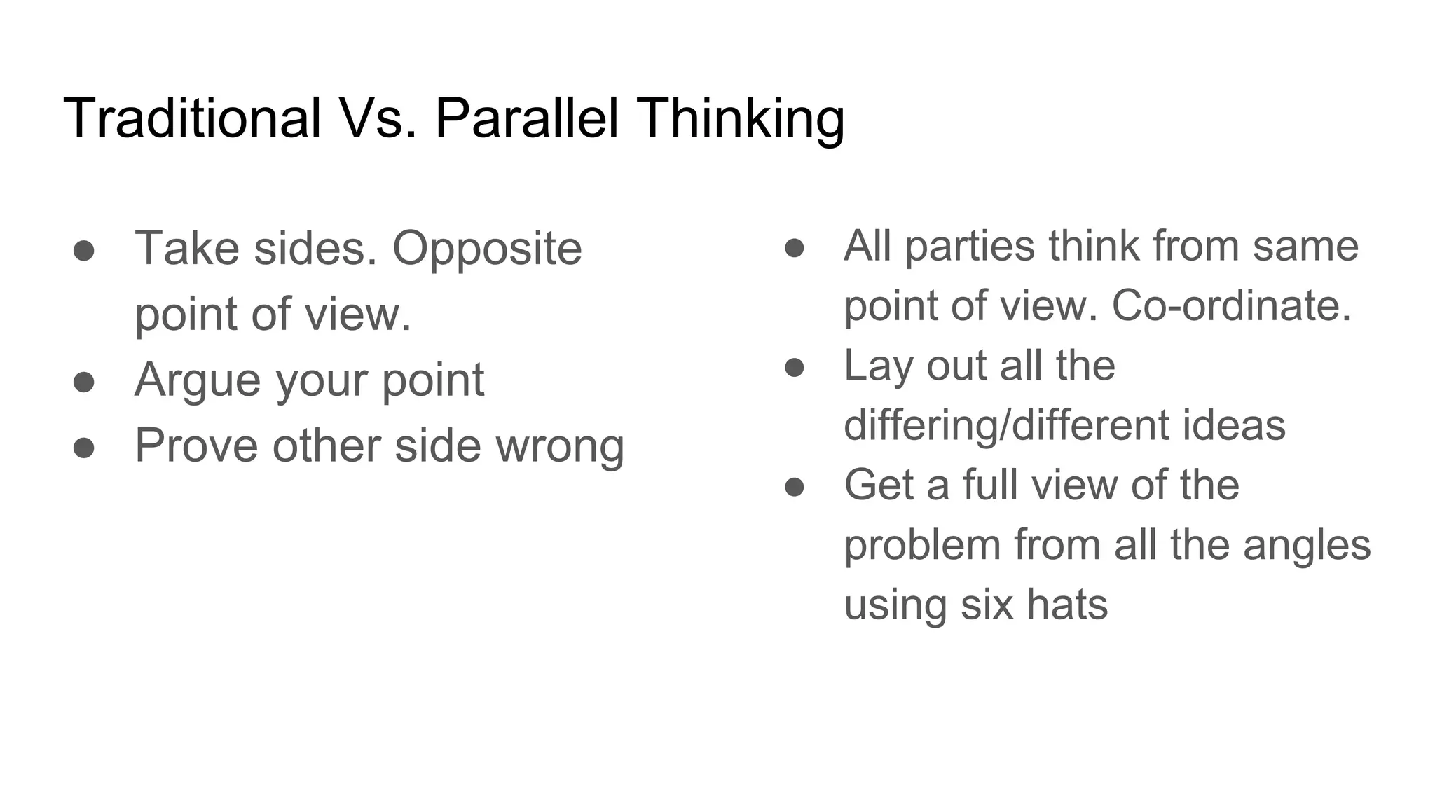 Traditional Vs. Parallel Thinking
● Take sides. Opposite
point of view.
● Argue your point
● Prove other side wrong
● All parties think from same
point of view. Co-ordinate.
● Lay out all the
differing/different ideas
● Get a full view of the
problem from all the angles
using six hats
 