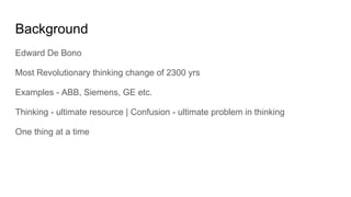 Background
Edward De Bono
Most Revolutionary thinking change of 2300 yrs
Examples - ABB, Siemens, GE etc.
Thinking - ultimate resource | Confusion - ultimate problem in thinking
One thing at a time
 